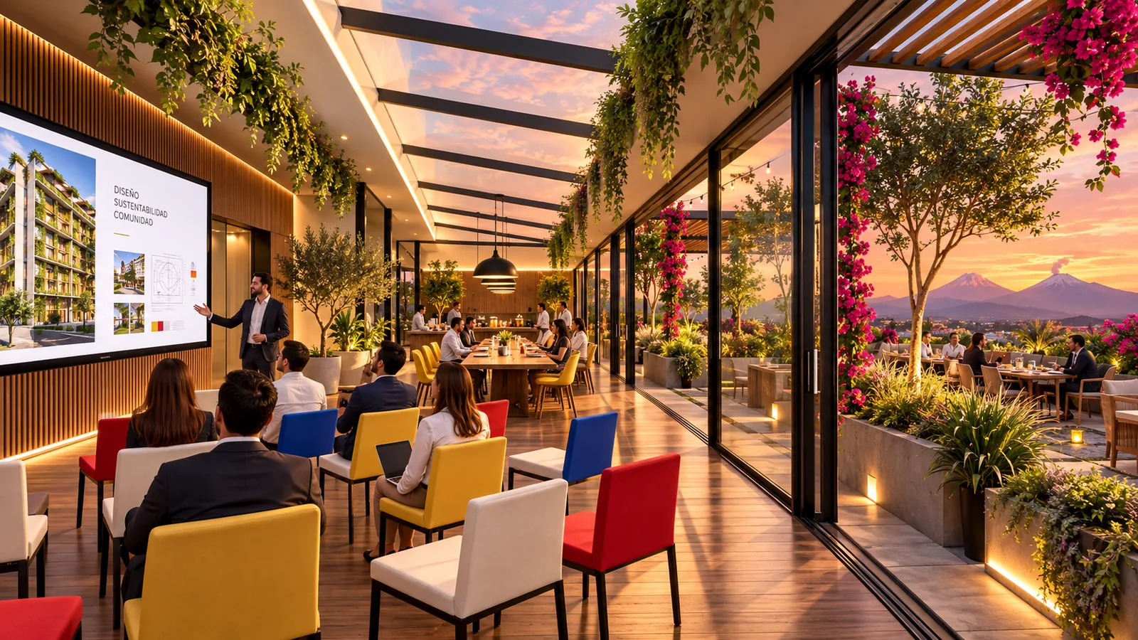 Sala de capacitación y cowork en el rooftop con fachadas corredizas