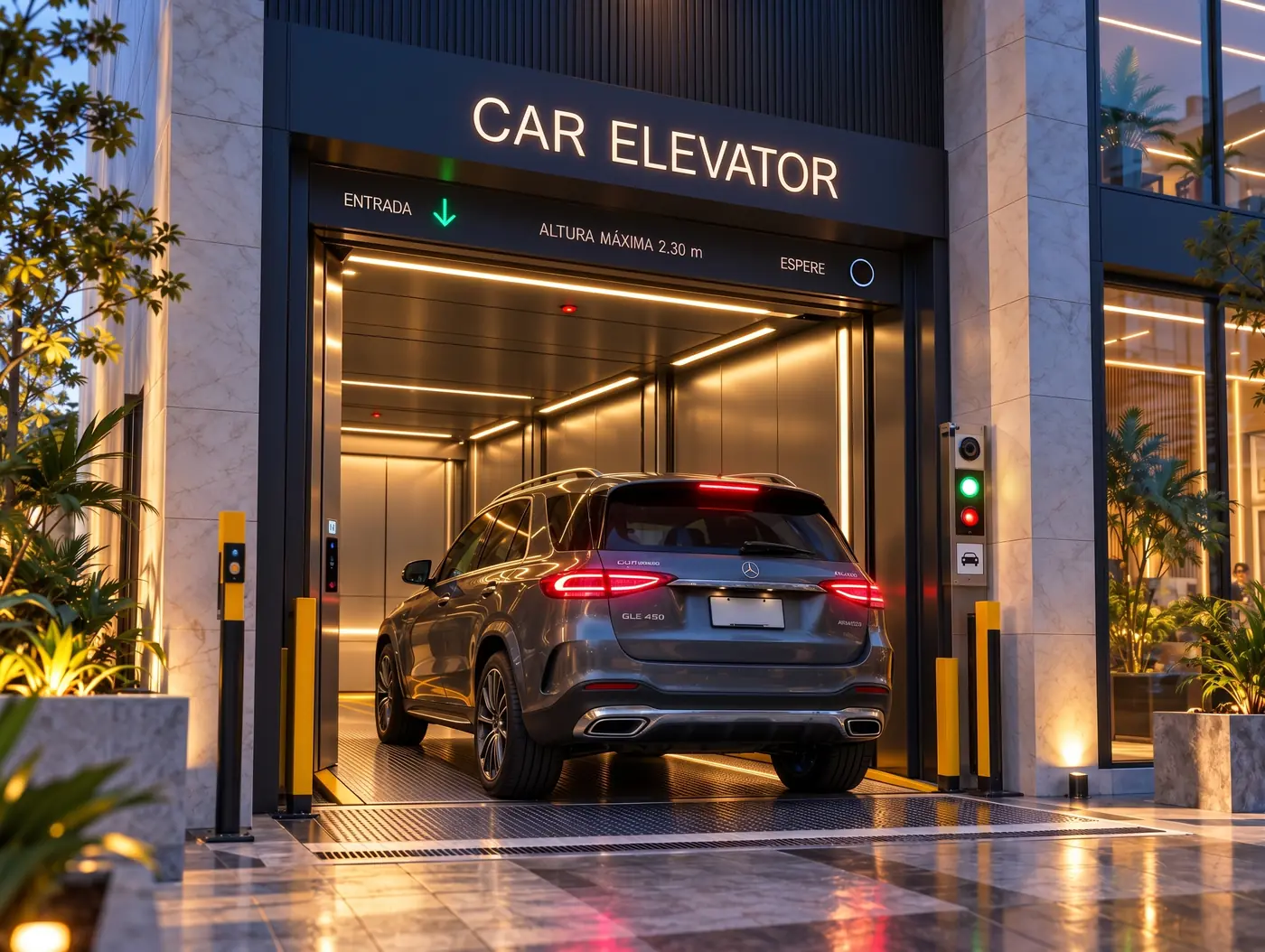 Elevador hidráulico para automóviles en el acceso del edificio