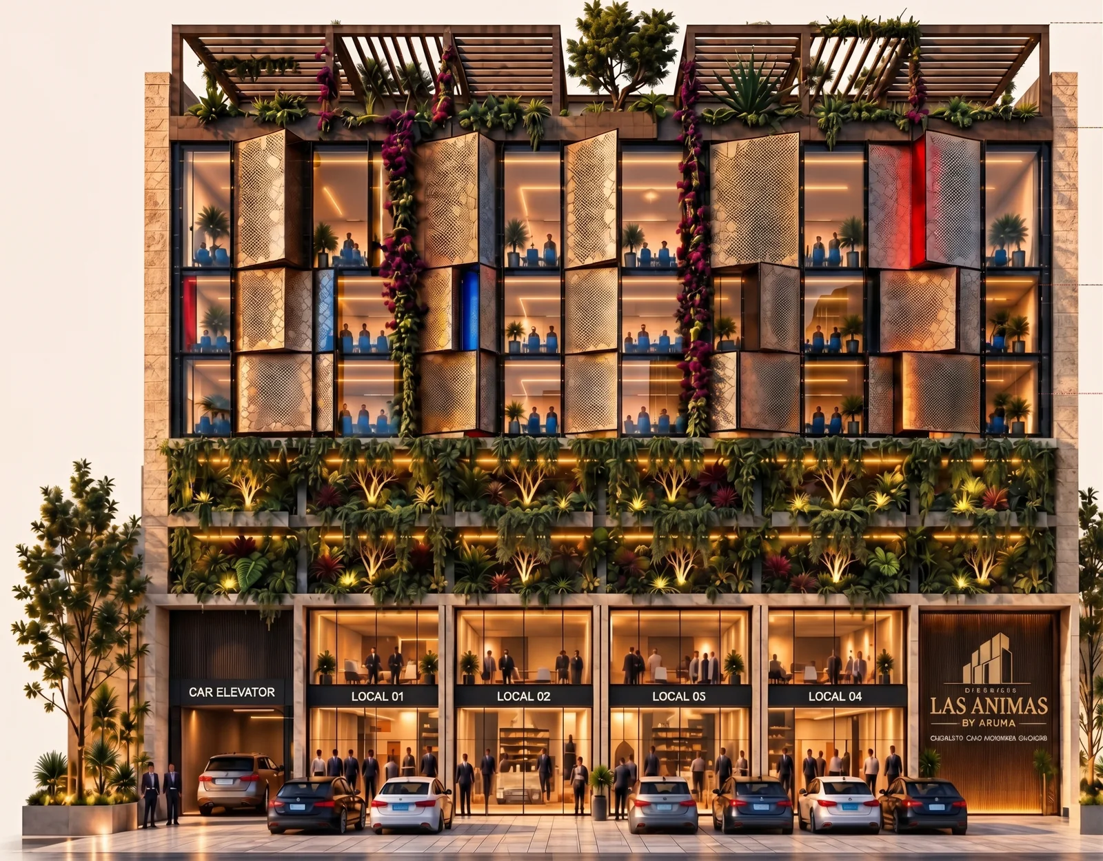 Elevación frontal del edificio: locales en planta baja, dos niveles de estacionamiento con jardineras, oficinas con celosías y pérgolas en azotea