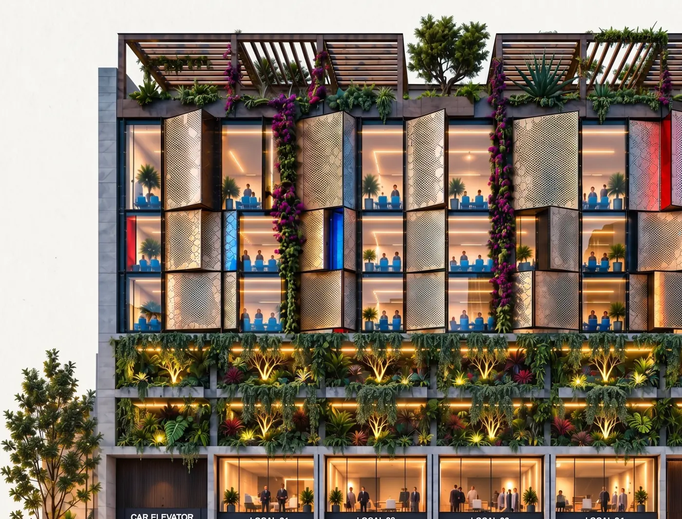 Elevación frontal del edificio: locales en planta baja, dos niveles de estacionamiento con jardineras, oficinas con celosías y pérgolas en azotea