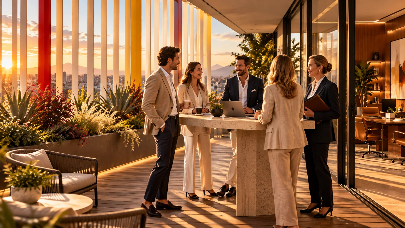 Terraza privada de una oficina con el velo de lamas de colores