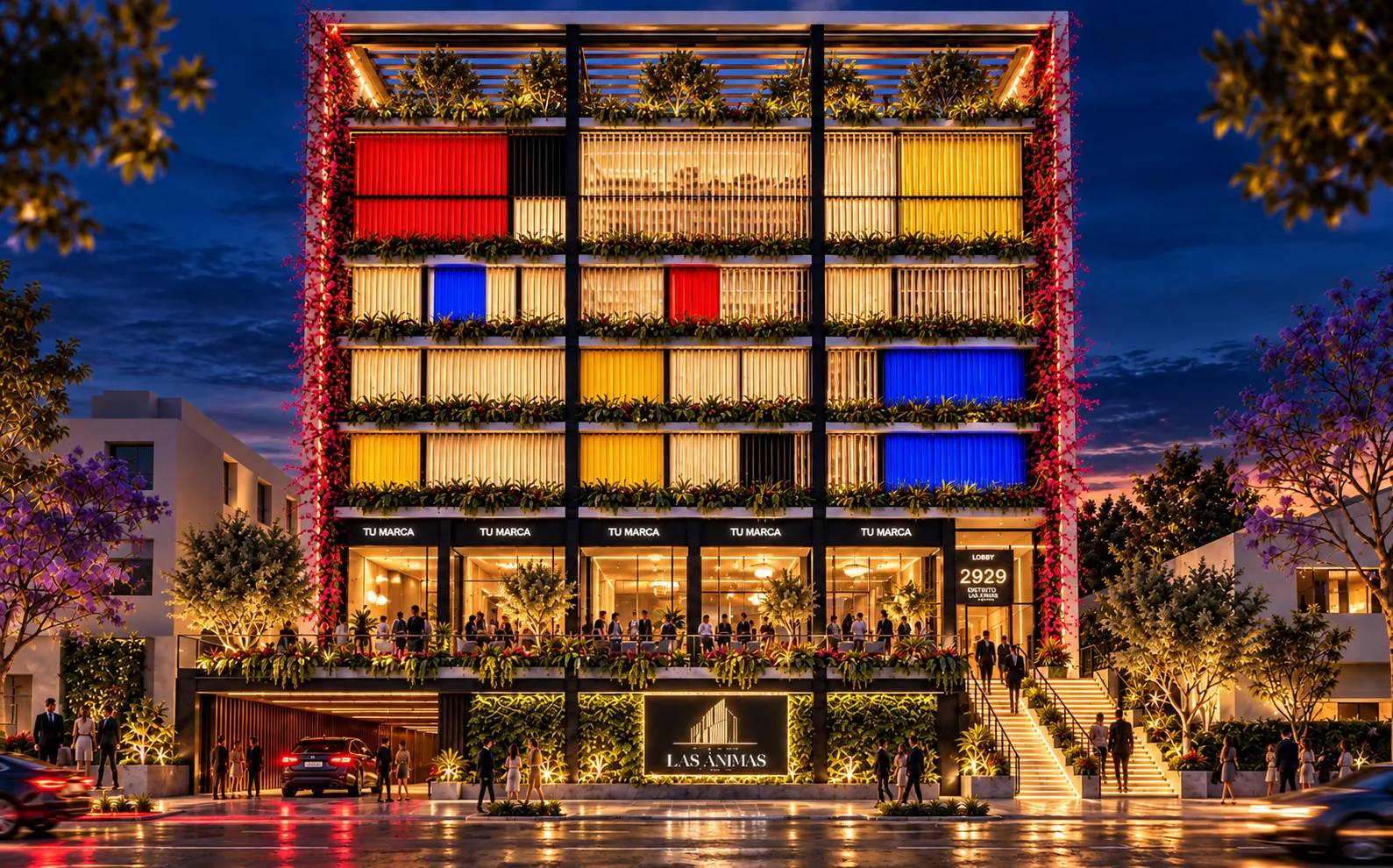 El velo de lamas Mondrian iluminado de noche como una linterna