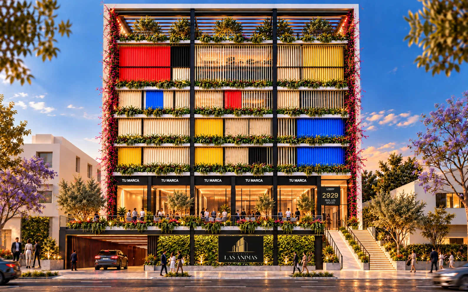 Fachada de Distrito Las Ánimas: velo de lamas fijas en composición Mondrian, terrazas verdes, locales elevados y muro verde a la calle