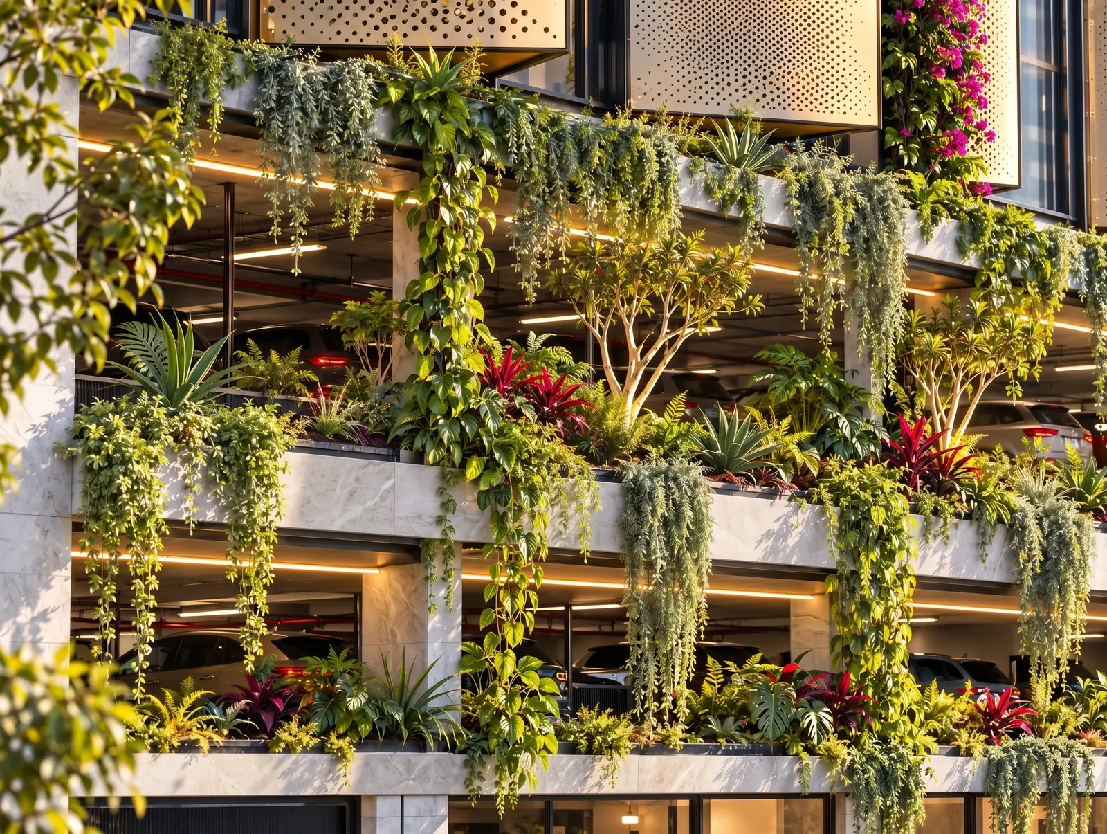 Jardineras colgantes iluminadas frente a los niveles de estacionamiento