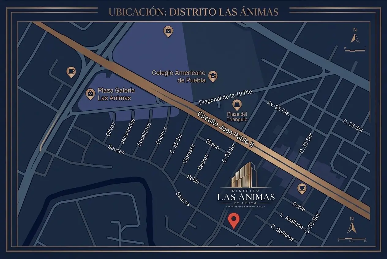 Mapa de ubicación de Distrito Las Ánimas cerca del Circuito Juan Pablo II y Plaza Galería Las Ánimas