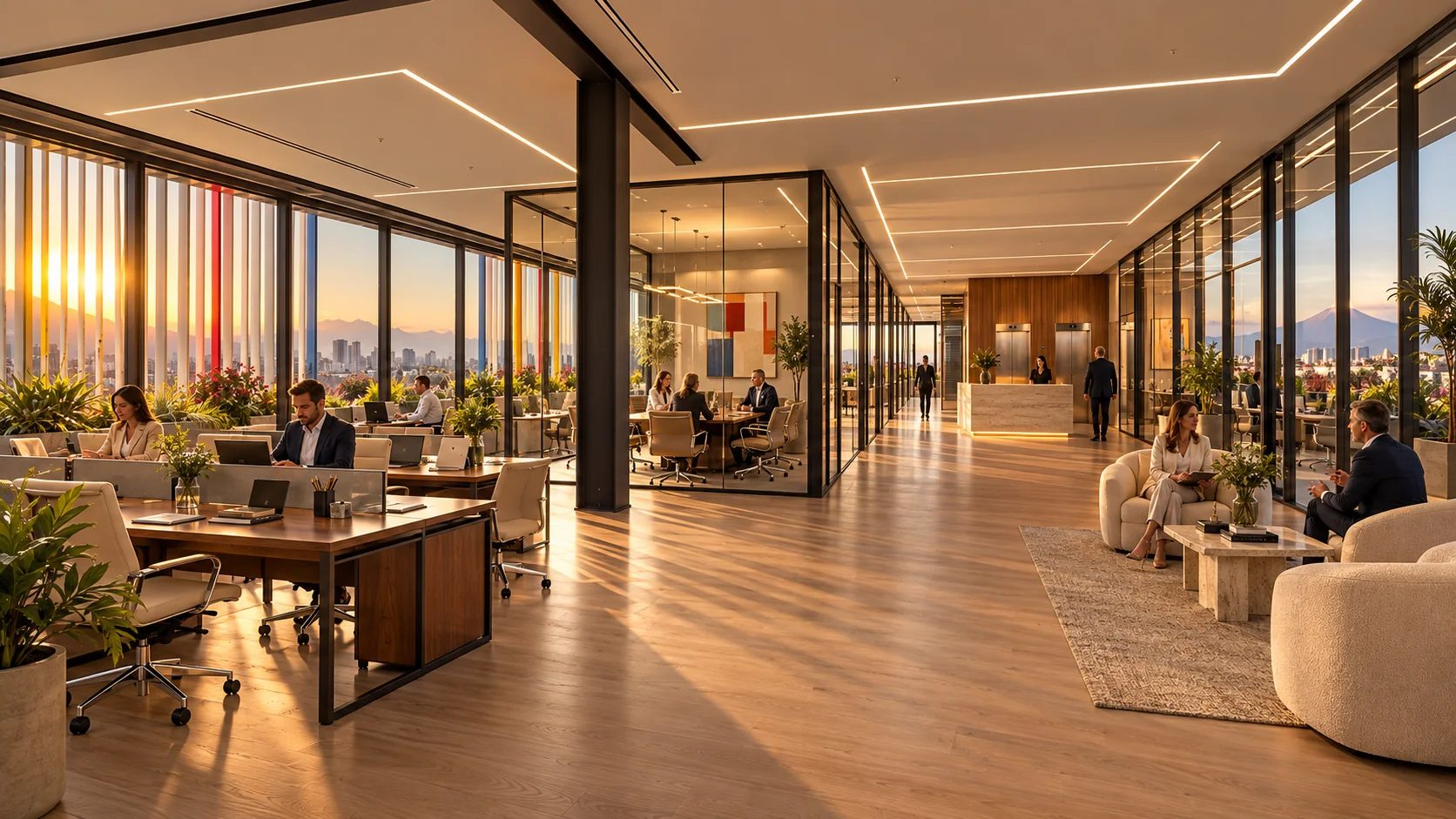 Nivel completo de oficinas dividido para un corporativo con recepción, salas y oficinas