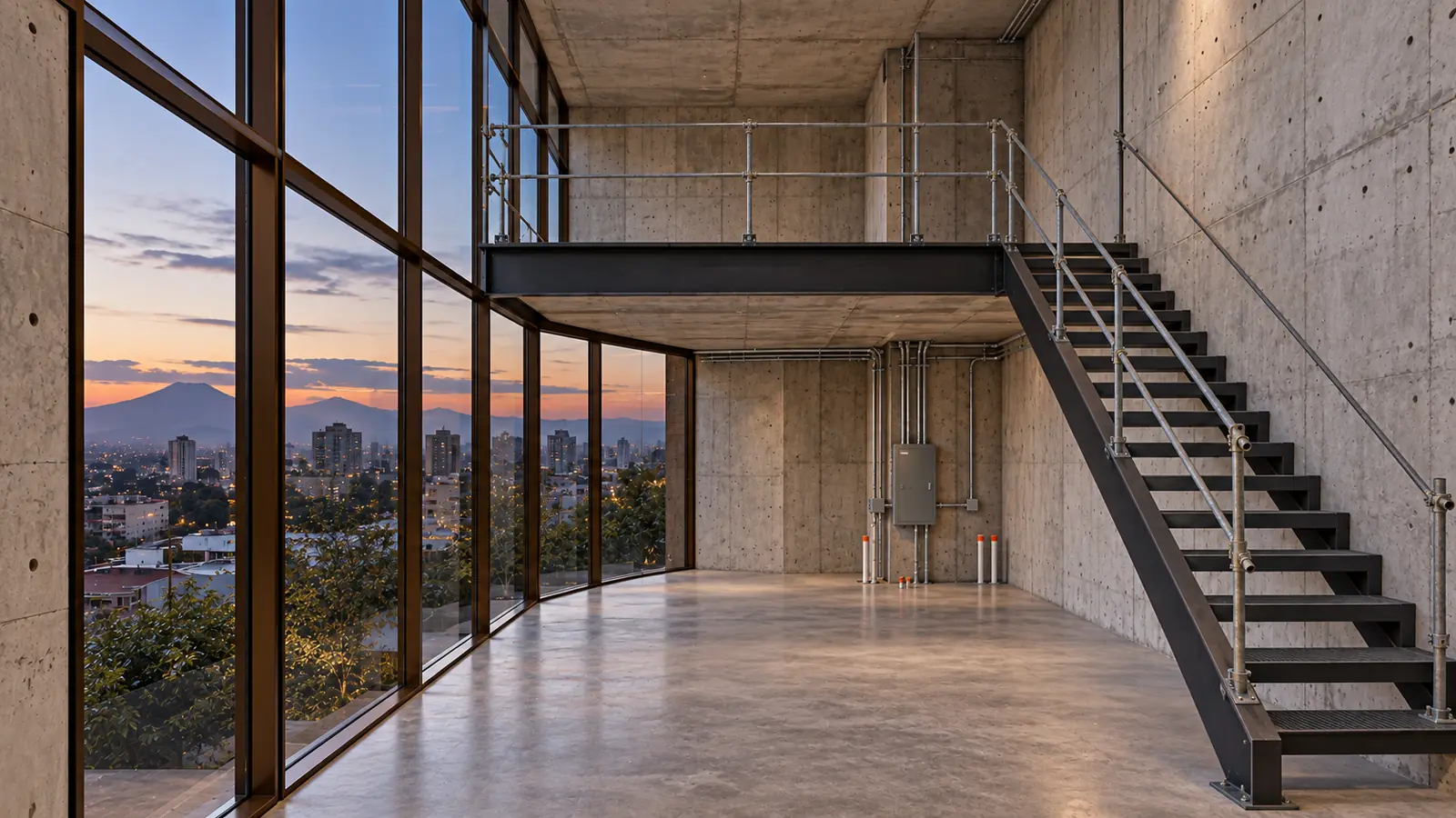 El mismo pent-office en obra negra con mezzanine y escalera