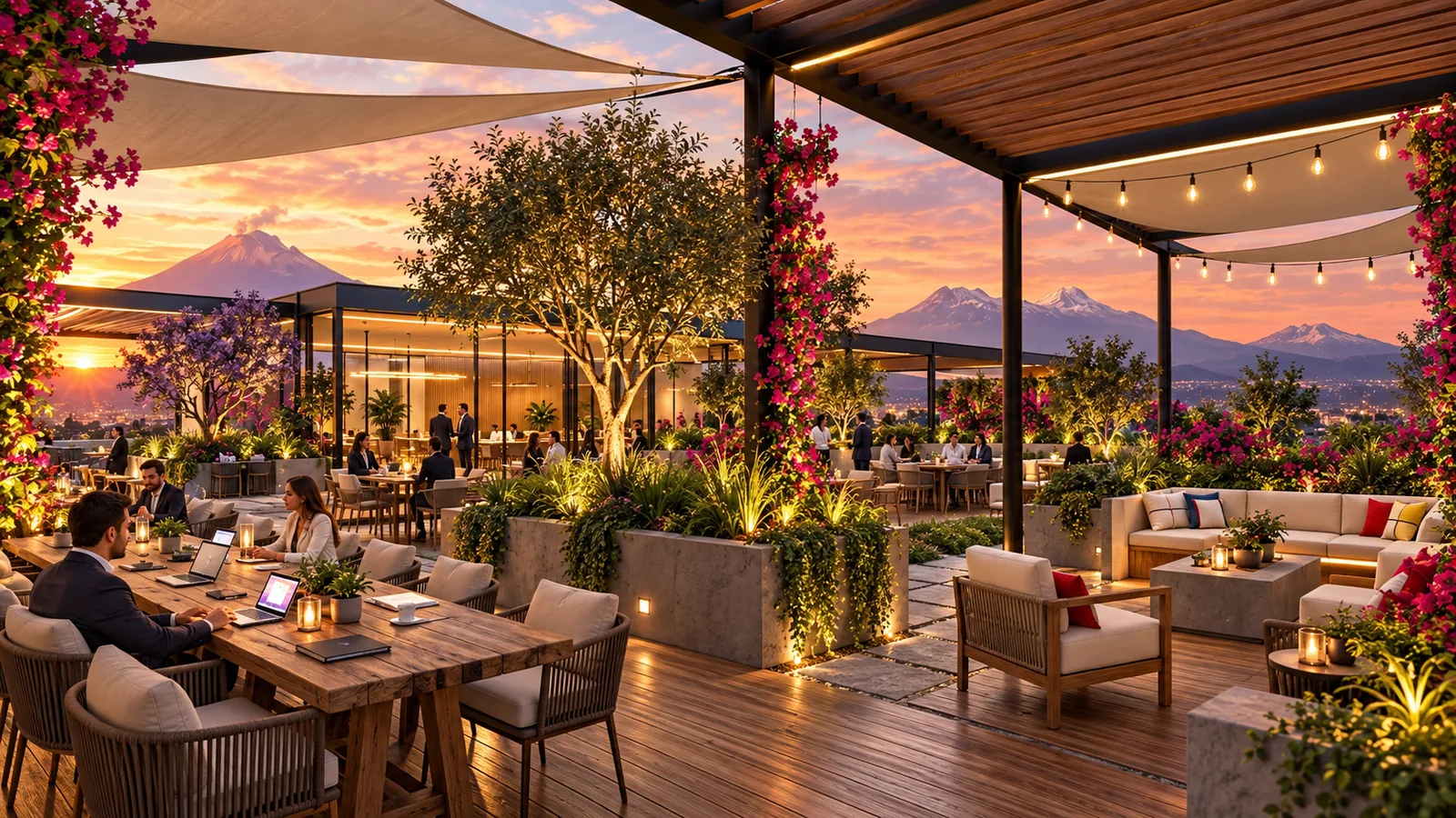 Business rooftop con pérgola, olivos, lounge y vista a los volcanes al atardecer