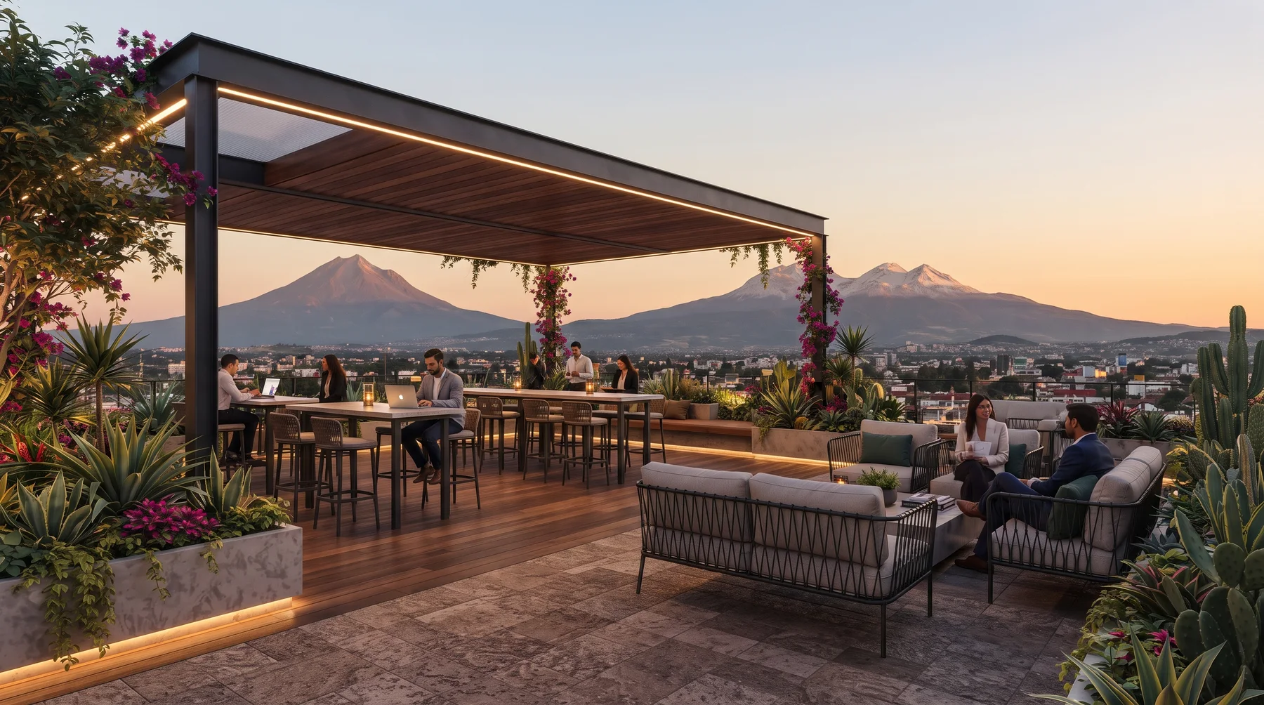 Business rooftop con pérgolas y vista a los volcanes