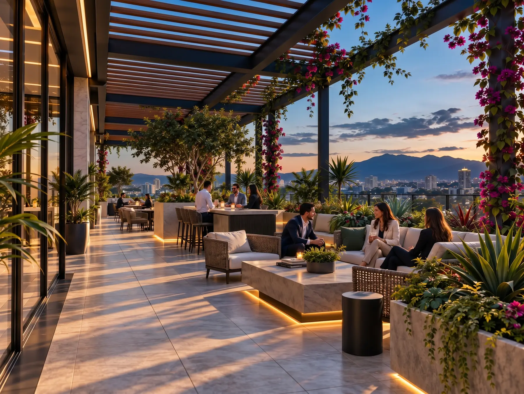 Business rooftop con pérgolas y vista a los volcanes