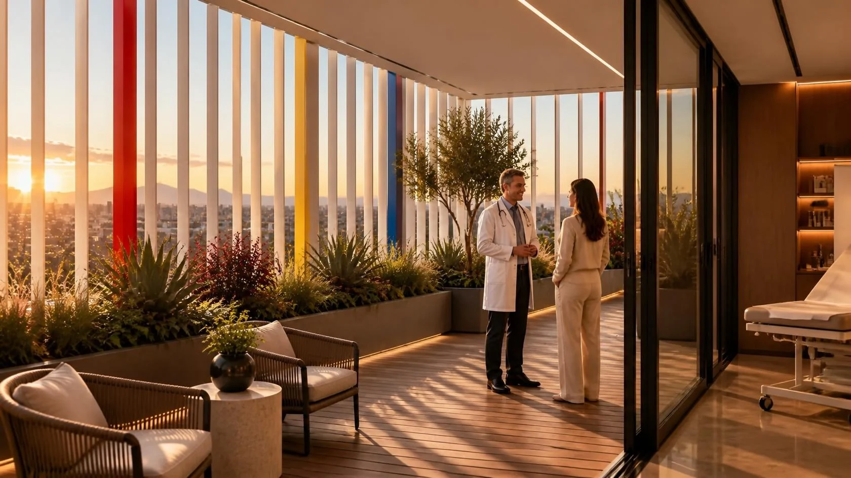 Terraza privada de consultorio con sala de espera al aire libre y velo de lamas Mondrian