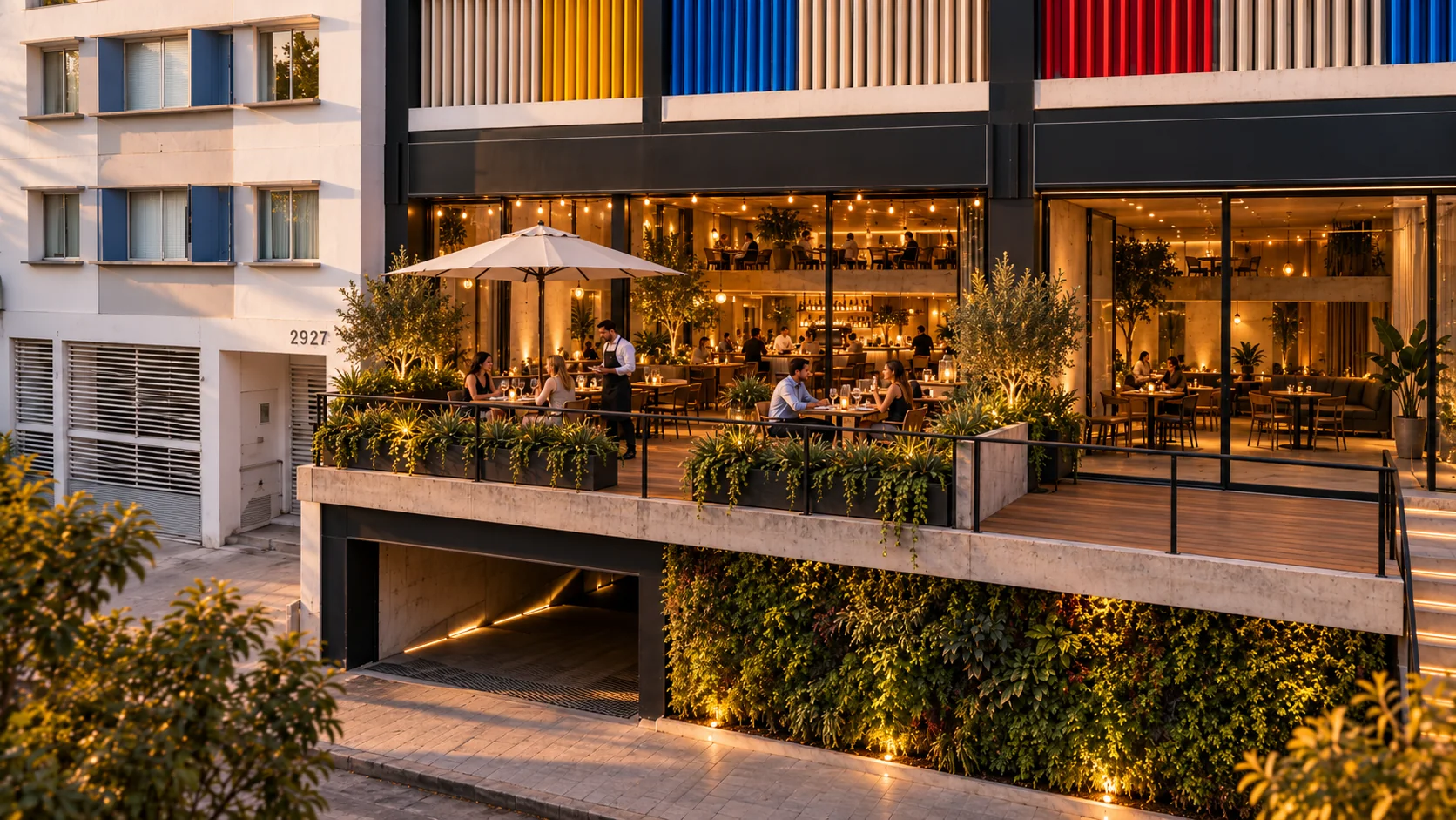 Terraza privada elevada del Local 204 acondicionada como cafetería con mesas, sombrillas, jardinera y clientes
