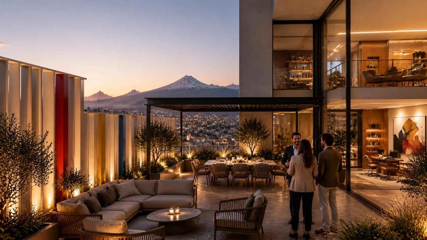 Terraza privada de pent-office con sala, comedor y vista al Popocatépetl