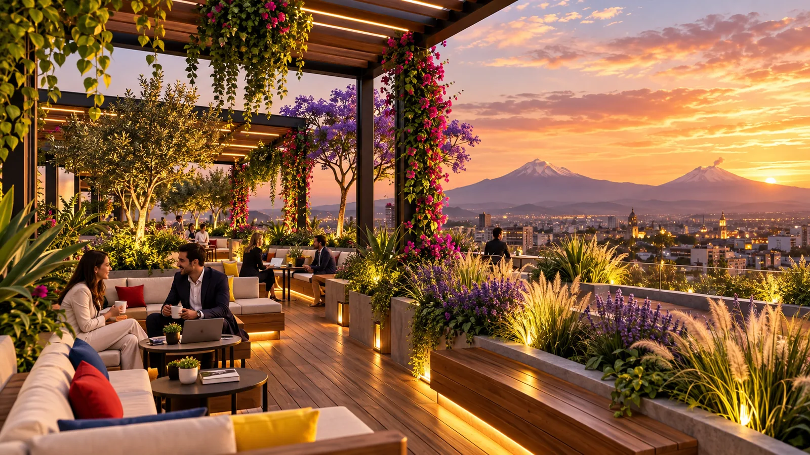 Terrazas verdes del rooftop con vista a los volcanes